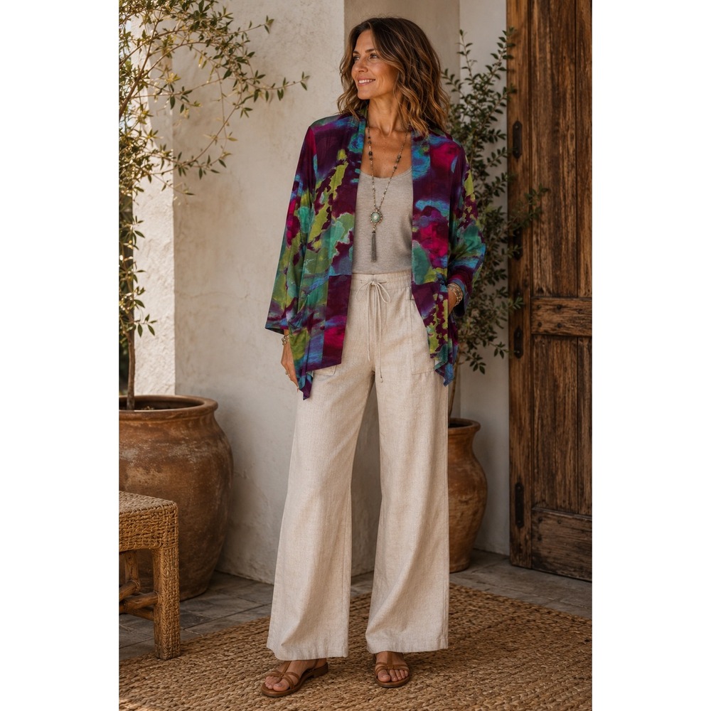 LOGO Lori Goldstein Abstract Tie Dye Open Front Cardigan XL Purple Green Blue